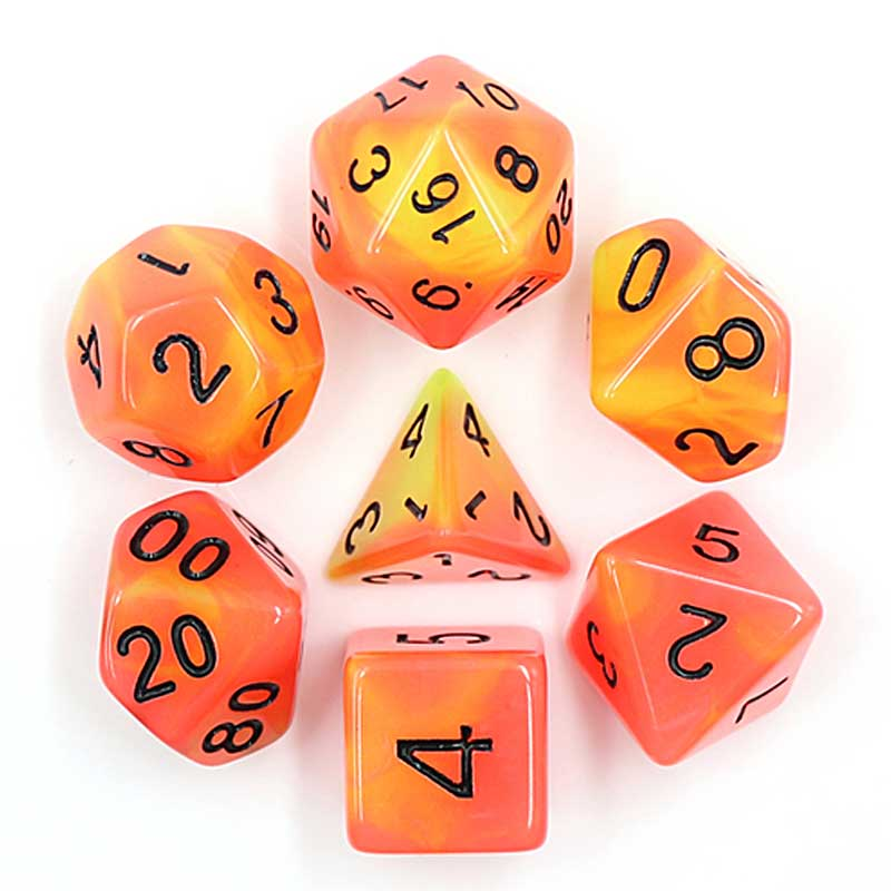set of glow dice with black numbers and orange and red colours