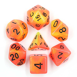  set of glow dice with black numbers and orange and red colours 