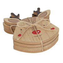 set of four coasters in the shape of reindeer faces with a red nose