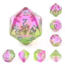 Aurora Spring Blossom Poly Dice Set.  A set of refreshing pink, green and yellow aurora dice with silver numbers for use with D&D or the d20 open game system.