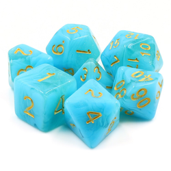 swirling pale blue dice with sparkle and gold numbers, Mythic Atlantis poly dice . RPG D20 dice