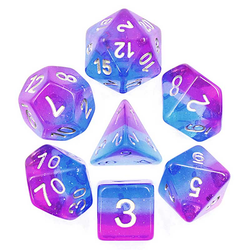 Aurora Twilight Sky poly dice set. Each dice has silver numbers and a blue and purple aurora with silver glitter