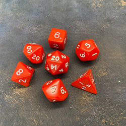 7 red RPG dice with white numbers, stylish and easy to read.