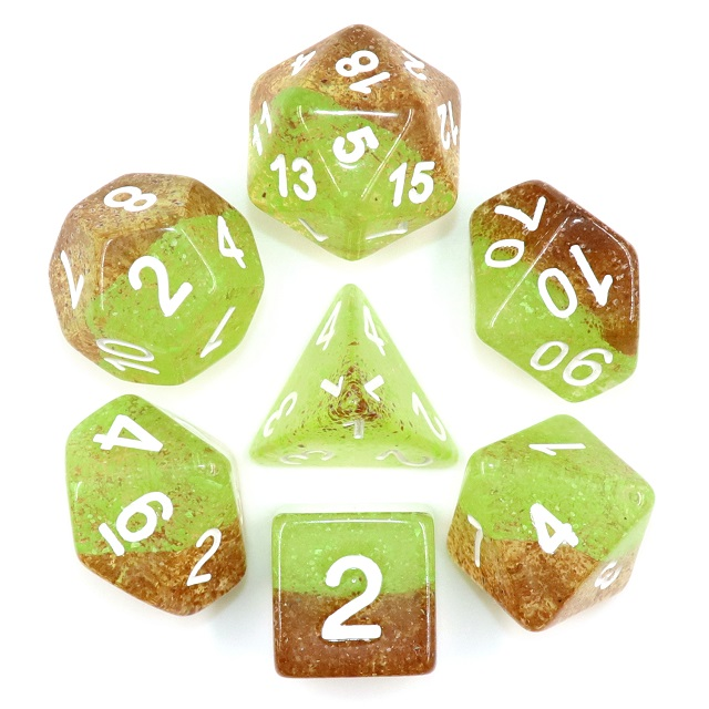 Particle Mustard RPG dice. translucent dice have light green and brown particles flakes inside and easy to read white numbers. D20