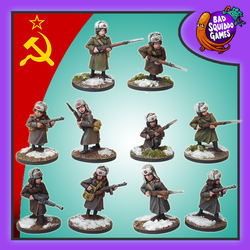 Soviet Winter Infantry Squad is a pack of ten metal miniature depicting female soviet infantry in winter attire carrying various weapons including sub machine guns and rifles from the women of world war 2 range by Bad Squiddo Games