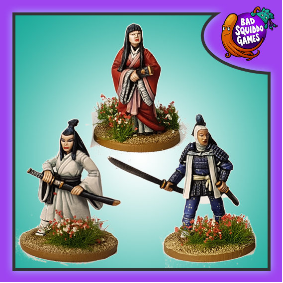 Bad Squiddo Games metal gaming figures, female Shogun Hōjō Masako in non combat dress with her bodyguards with weapons ready,