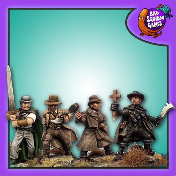 Bad Squiddo Games metal gaming figures, vampire hunters. Each male hunter is in a stance and wears a hat, one has a two handed sword, one a sword, one a hammer and one a cross carved into a stake at the bottom.