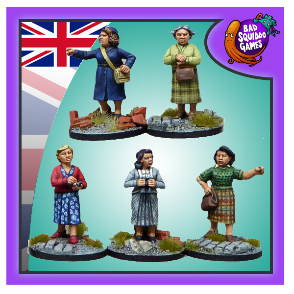 Bad squiddo gaming miniatures, this image has a purple boarder, the united kingdom flag in the top left and the bad squiddo logo in the top right. Featuring ladies wearing different clothing, three with handbags, one with binoculars and one taking notes.