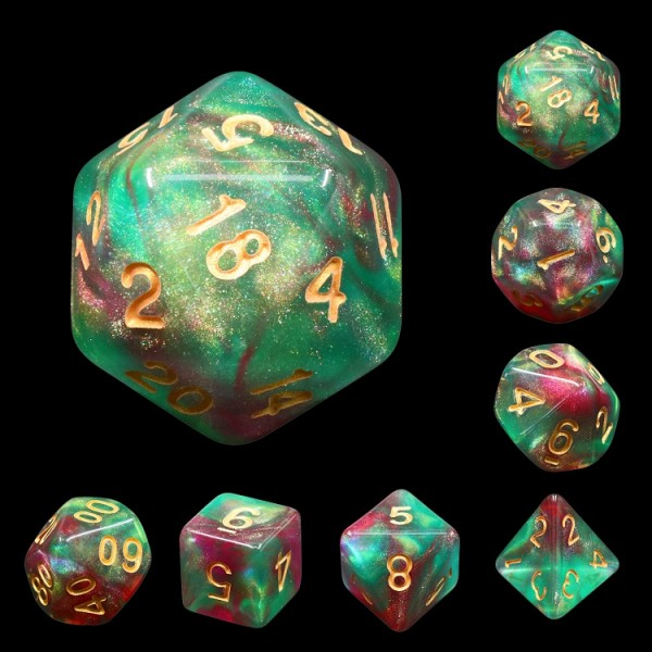 Mythic elf dreams rpg dice. shimmering dice have light green and red swirling colours with gold numbers.