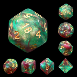 Mythic elf dreams rpg dice. shimmering dice have light green and red swirling colours with gold numbers. 
