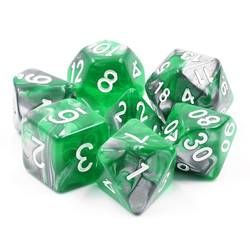Emerald Ore RPG dice. These beautiful dice have swirling shimmering silver and semi translucent emerald green colour running through them with the added advantage of easy to read white numbers..D20