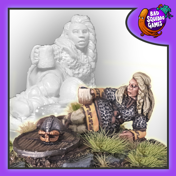 Bad Squiddo Time For Beer. shieldmaiden taking a rest with her shield and helmet on the ground and a beer jug in her hand
