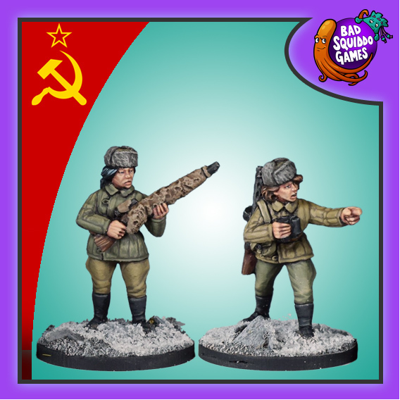 Metal gaming miniatures depicting a Soviet sniper and a spotter