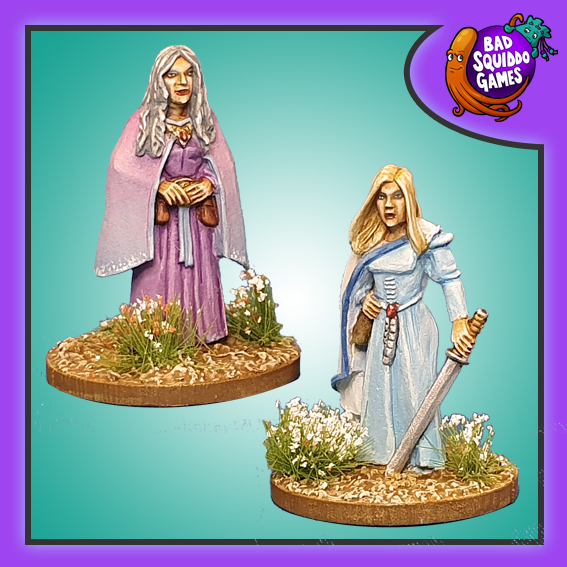 Bad Squiddo Games metal gaming figure, Two elegant female miniatures with one holding a sword.