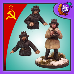 Soviet Tankers Winter is a pack of three metal miniature depicting female soviet tankers in winter attire, two are top body only to appear from the hatch in your tanks and the third holds a pair of binoculars from the women of world war 2 range by Bad Squiddo Games,