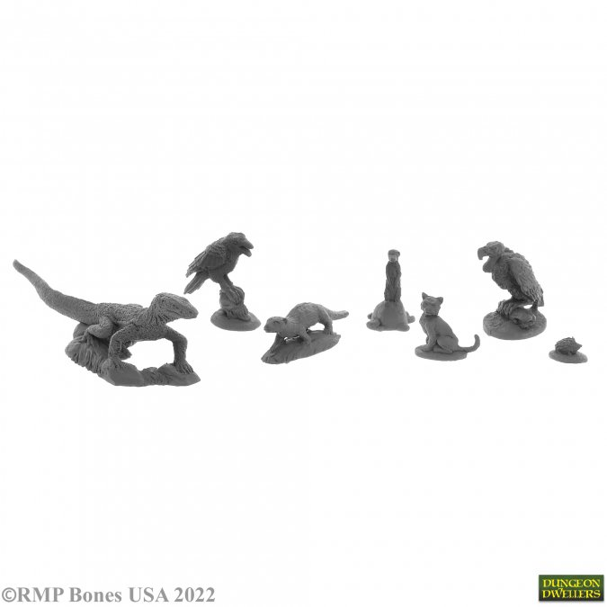 A pack of 7 Familiars from the Bones USA Dungeons Dwellers range by Reaper Miniatures including a lizard, cat, meerkat, bird, weasel and vulture.