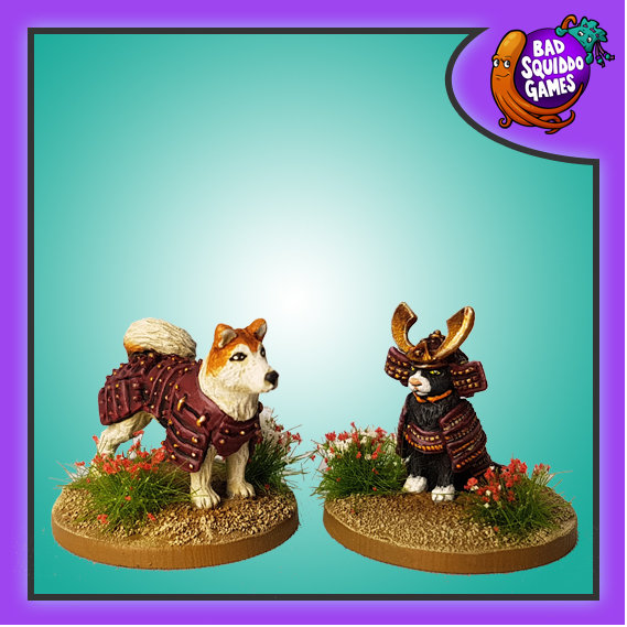 Bad Squiddo Games metal gaming miniatures, an adorable dog and cat in feudal japan style armour