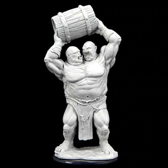 Ettin unpainted miniatures by Wizkids as part of their wave 2 Critical Role range for Dungeons and Dragons, a two headed Ettin holding a barrel above its head.
