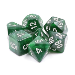 Mythic dark forest rpg dice, shimmering dice have green  swirling colour and silver numbers.