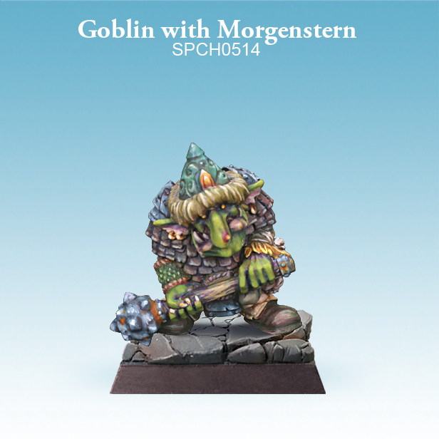 Goblin with Morgenstern a resin miniature from Spellcrow in a 28mm scale for your gaming table and beyond. This miniature is of a Goblin holding a morning star and sculpted by Paul Suvorov.