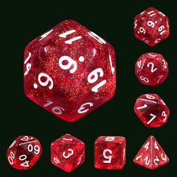 mythic rabbits eye rpg dice, shimmering dice have red swirling colours with easy to read white numbers. 