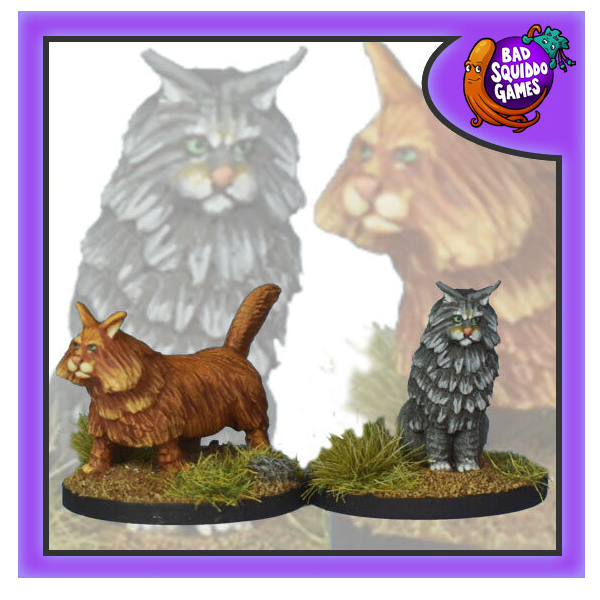 Freyja's Wildcats by Bad Squiddo Games miniatures depicting large fluffy wildcats, each cat comes as one piece and one is walking with its tail in the air and the other is sat up straight