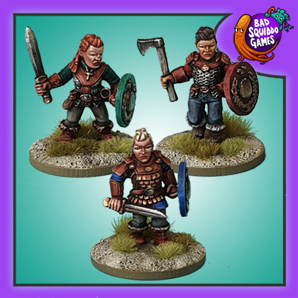 Bad Squiddo Games metal gaming figure, . Each female dwarf has a shield and two are carrying swords with the third holding an axe.