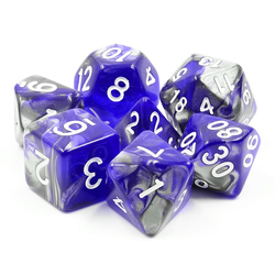 Ore Stone Cold Iron Blue RPG dice. beautiful dice have swirling shimmering silver and semi translucent blue colour running through them with easy to read white numbers. D20