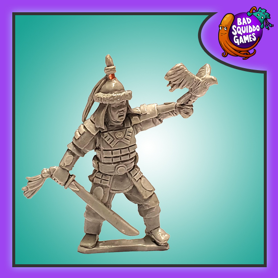Zaya the Huntress by Bad Squiddo Games a metal miniature depicting a female huntress holding a sword in one hand and a bird in the other.