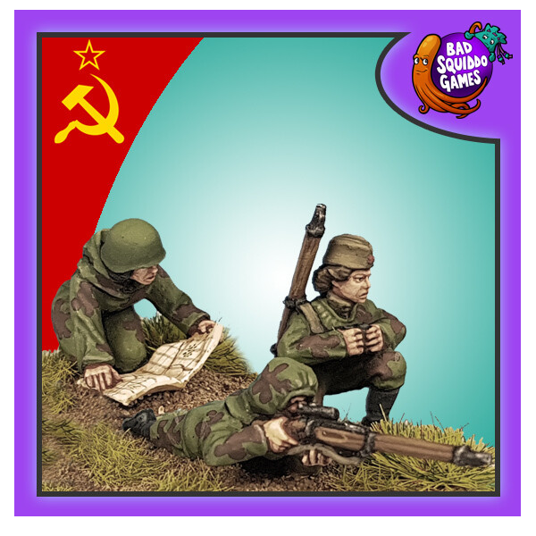 Bad Squiddo Soviet Scouts. An image with a purple boarder, soviet flag and Bad Squiddo Logo. three metal miniatures contains scouts in summer amoeba suits being a jacket, trousers and cover for the helmet, on these miniatures one figure wears the cover up over her helmet and the other has it down. One figure is laying down weapon ready, the other has binoculars in her hands ready to look at what the map reader has spotted on her map as she kneels down reading the same