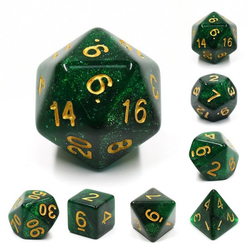 Mythic green galaxy RPG dice emerald and dark green swirling shimmering colour and gold numbers