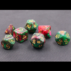 Mythic Rose Way RPG dice, shimmering dice have pink and green swirling colour and gold numbers