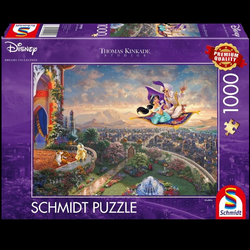 Disney Aladdin 1000 Piece Jigsaw Puzzle. A wonderful edition to any Disney fans collection, featuring Aladdin and Jasmine on the magic carpet in front of the castle with the city in the background in beautiful Thomas Kinkade style. 