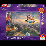 Disney Aladdin 1000 Piece Jigsaw Puzzle. A wonderful edition to any Disney fans collection, featuring Aladdin and Jasmine on the magic carpet in front of the castle with the city in the background in beautiful Thomas Kinkade style. 