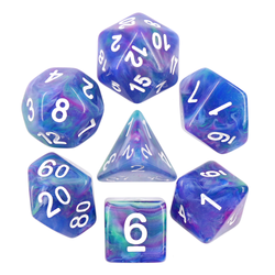 Marble Muse Northern Lights RPG D20 dice set.marble dice with marbleised blue, white, green and purple with easy to read white numbers 