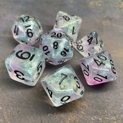 A set of 7 glitter dice having black numbers and suffused with glitter and pink swirl. 