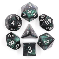 Mythic everclear aurora rpg dice. shimmering dice have black and green swirling colours with easy to read white numbers. 