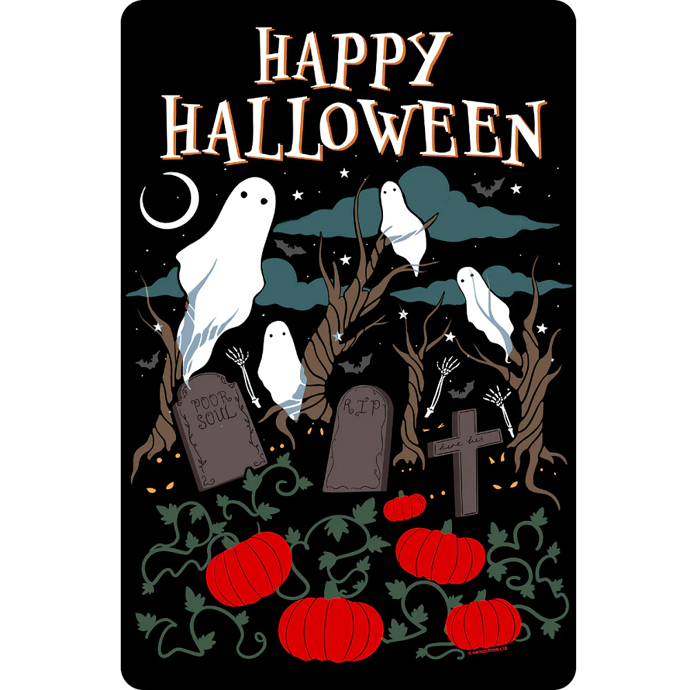 Happy Halloween Graveyard Small Tin Sign - Tell everyone Happy Halloween with this tin sign featuring a black background, pumpkins, gravestones, ghosts and the night sky.