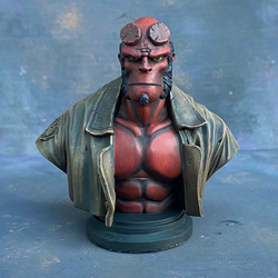 A Mantic Games bust of Hell Boy in resin with his classic manbun and brown jacket