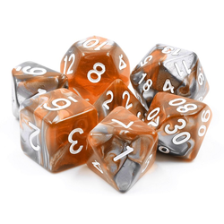 Ore Stone Amber Shard RPG Dice. beautiful dice have swirling shimmering silver and semi translucent amber orange colour running through them with easy to read white numbers. D20