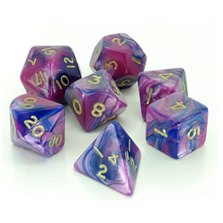 7 RPG dice with gold numbers and pink and blue purple colours