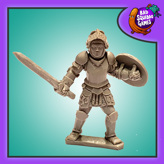 Rosetta the Knight by Bad Squiddo Games is a fantastic female knight holding a sword in one hand and a round shield in the other, with one knee bent
