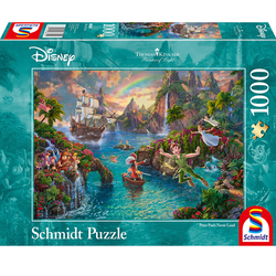 Disney Peter Pan's Never Land 1000 Piece Jigsaw Puzzle. A beautiful image by Thomas Kinkade of Peter Pan, Wendy & John flying over neverland with Captain Hook, mermaids, the crocodile and lost boys in the background, create this lovely puzzle and decide who you think is the real villain of Neverland. 