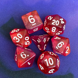Mythic briar rose aurora rpg dice, dice have easy to read white numbers and shimmering pink and magenta swirling colours