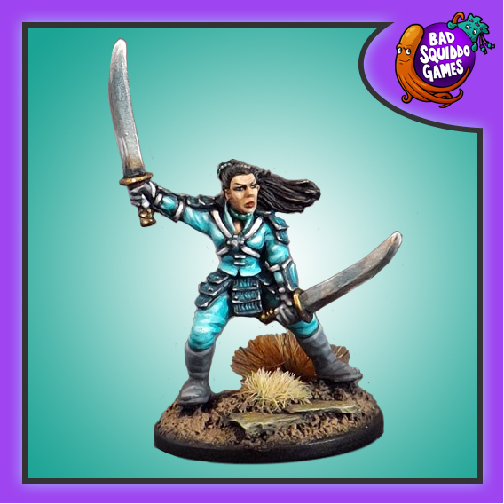 Miko the Vampire Hunter is a metal miniature from Bad Squiddo Games is a female hunter holding a sword in each hand in a ready for action stance