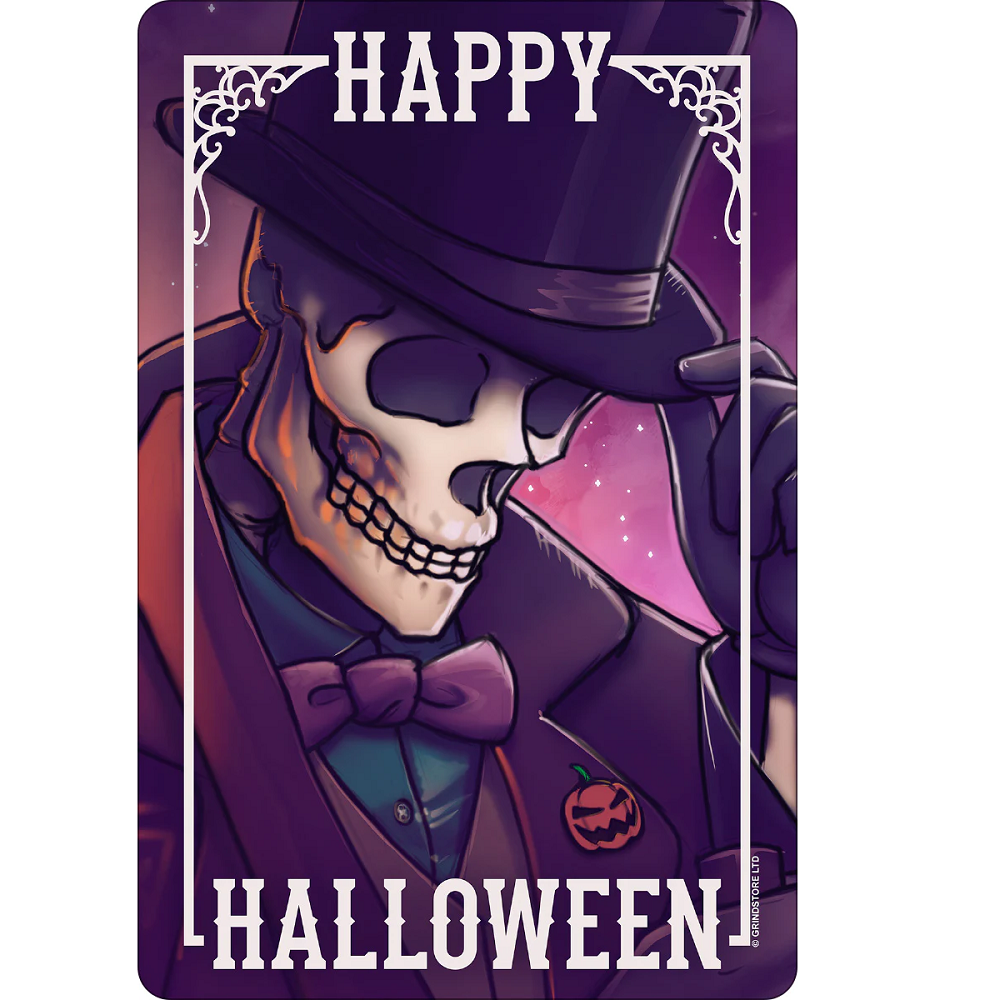 Happy Halloween Skeleton Small Tin Sign- A sophisticated purple pallet sign featuring a dapper looking skeleton in a top hat and bow tie tipping his hat as he wishes you a Happy Halloween.