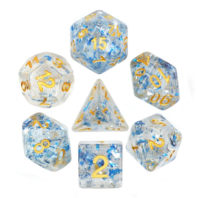 gold numbered dice with sapphire glitter flakes.