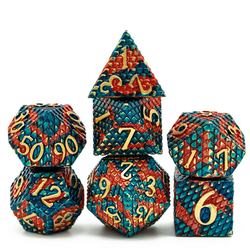 Dragon Scale Golden Orange Blue Metal Dice.  These nice and weighty metal dice have a raised dragon scale pattern all over them in a greeny blue colour with flecks of gold, orange splats and golden numbers