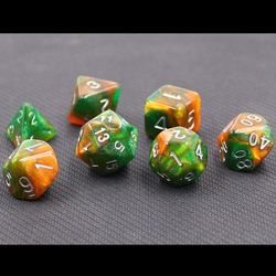 Mythic emerald vale rpg dice. himmering dice have green and orange swirling colour and silver numbers.