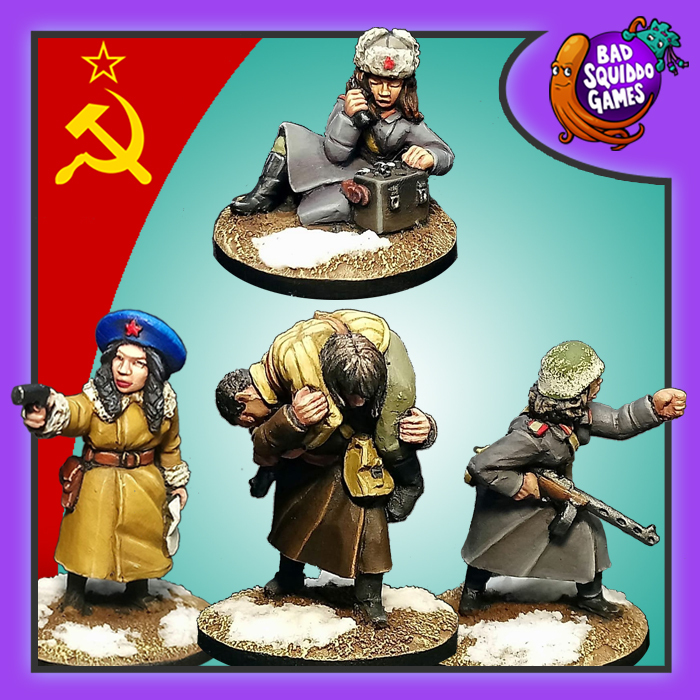 Soviet Command is a pack of four metal miniatures in winter attire for your wargaming table from the Women of WW2 range by Bad Squiddo Games.